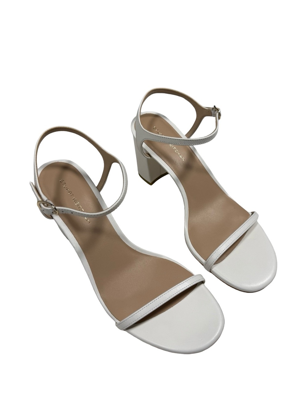 Stuart Weitzman White Leather Sandals 8B Block Heel Bridal Wedding Minimalist